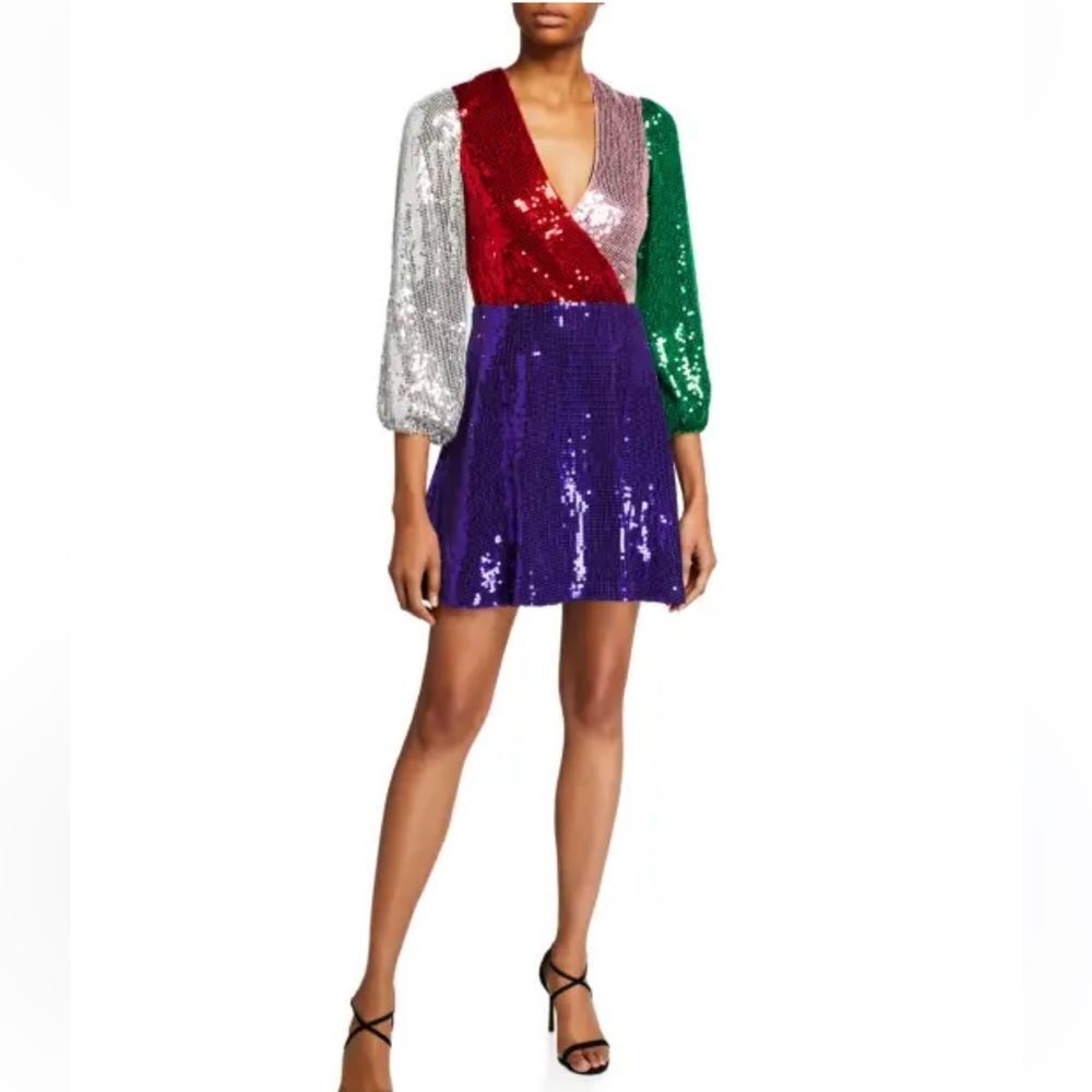 Alice + Olivia Blaze Multicolor Sequin Blouson Sleeve Mini Dress Size 2